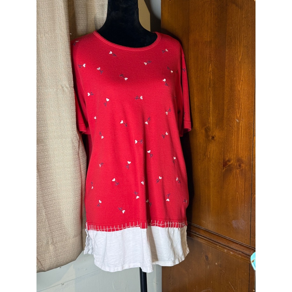 Koret City Blues Top Women Medium Red Good Embroidered Layered Floral Casual - Picture 2 of 9